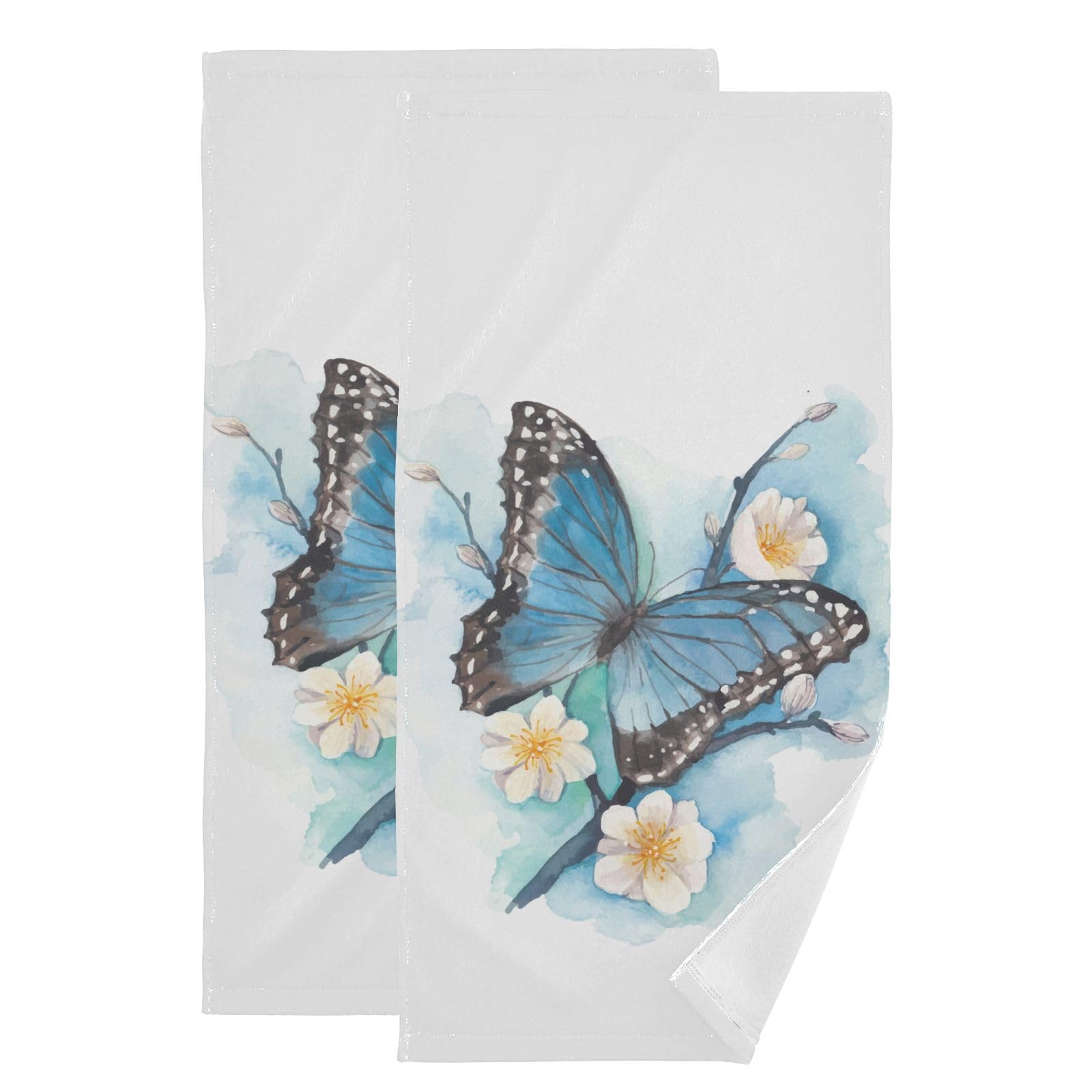 KENADVI Butterfly Hand Towels Set of 2 Soft Watercolor Blue Butterfly on Blossom Plum Branch Chic Floral Bath Fingertip Towels Decorative Hand Towels