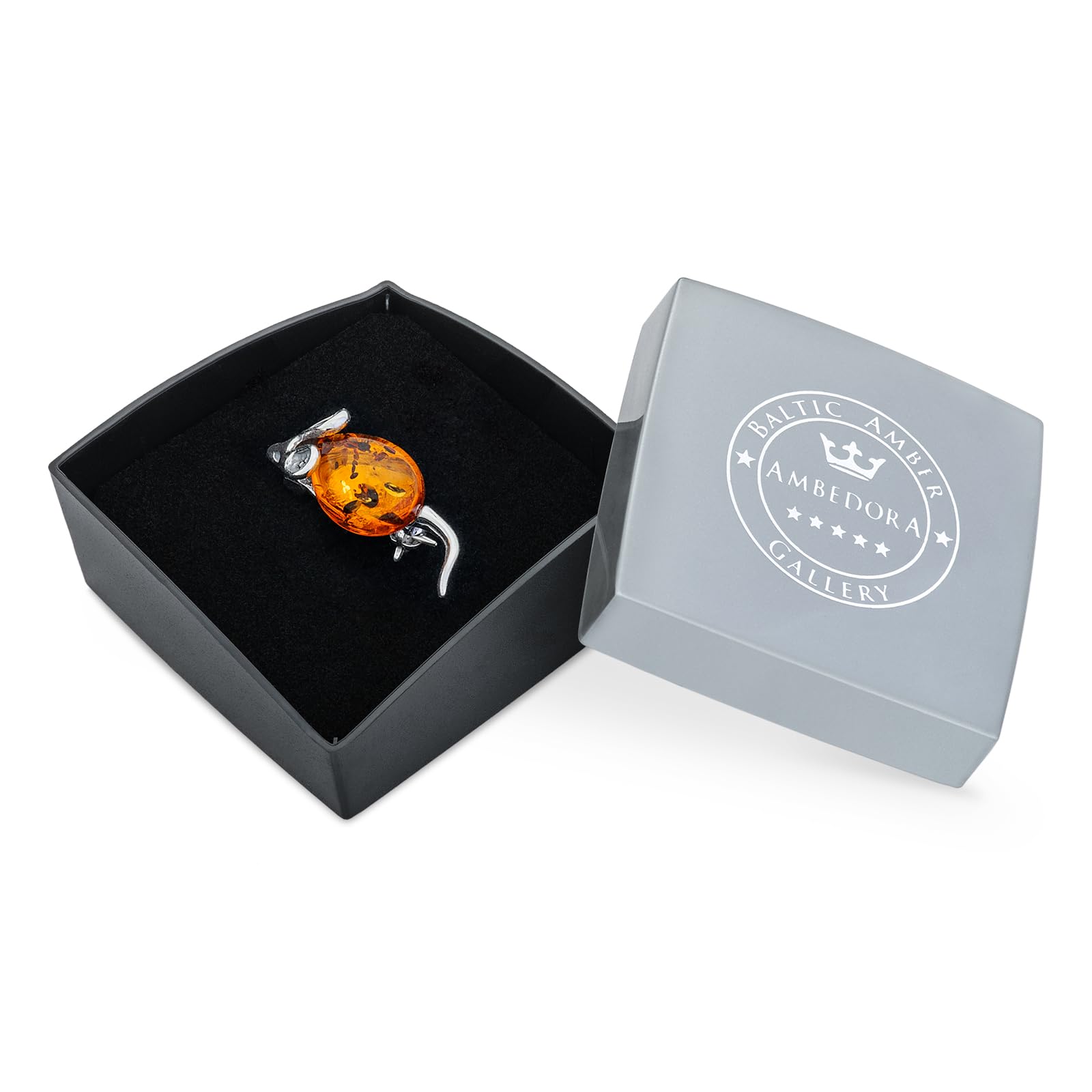 Damen Silberne Brosche Maus mit Bernstein, Poliertes Sterling Silber, Baltischer Bernstein in Cognac Farbe