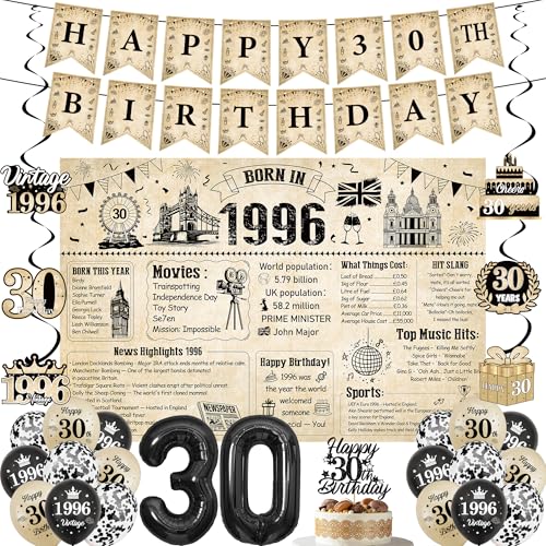 30th Birthday Decorations Men Women - 30pcs Born In 1996 UK Vintage Happy 30 Years Old Birthday Backdrop Banner Number 30 Balloons and Hanging Swirls for 30th Party Supplies