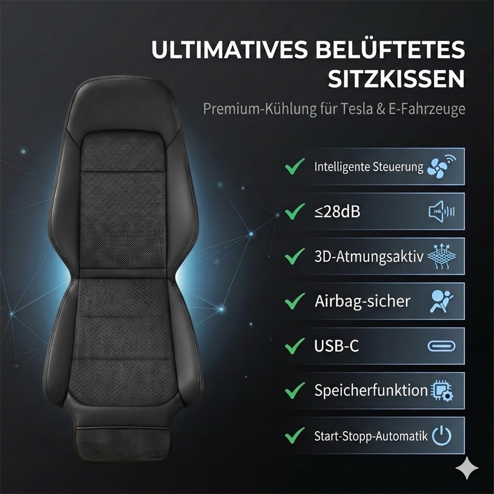 Smart Sitzbelüftung Auto Sitzauflage Passend für Tesla Model 3 Y Automatischer Sensor Atmungsaktives Eisseide Kissen Leiser bürstenloser Motor Belüftet Autozubehör (Schwarz)