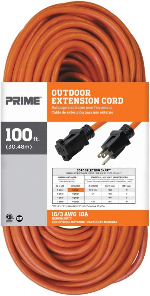Prime Wire & Cable EC501635 100-Foot 16/3 SJTW Medium Duty Extension Cord, Orange