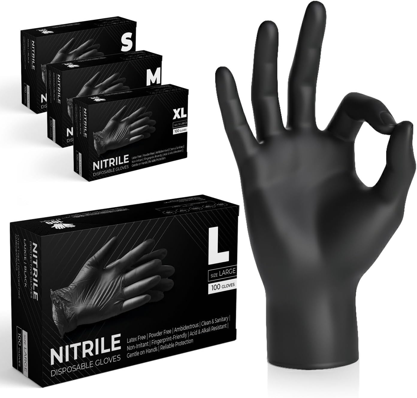 Black Nitrile Multi-Purpose Disposable Gloves, Powder Free, Disposable, Extra Strong - Box of 100 (Black, Large)