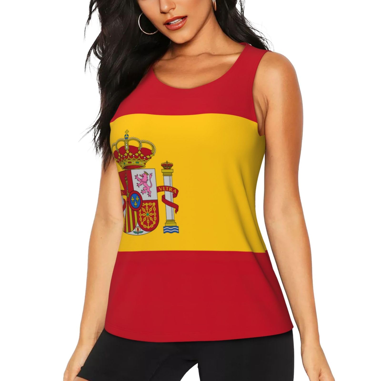 Duwaa Women's Black Spanish Flag Print Workout Tank Tops For Dry Fit Running Wicking Tank Tops, Sleeveless Yoga Shirts