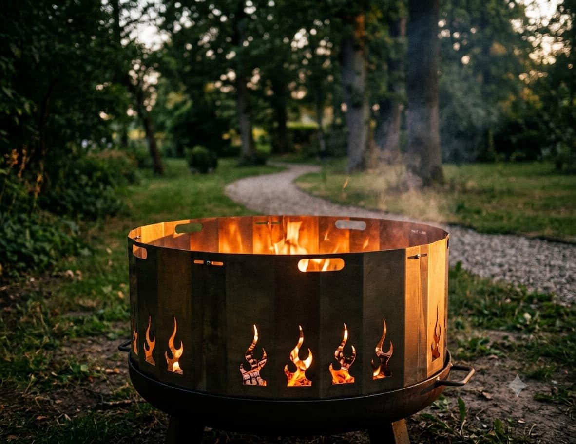 Funkenschutz für Feuerschale 60 cm - Stahl Funkenring mit Flammenmotiv, Griffen, 30 cm Höhe - Funkenschutzgitter für Garten, Terrasse, Camping - Favilla