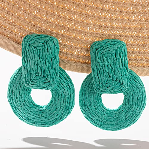 Statement Raffia Earrings Cute Boho Earrings Rattan Dangle Earrings Handmade Straw Wrap Earrings Summer Drop Dangling Earrings For Women Teen Girls(Turquoise Blue) #TOP4