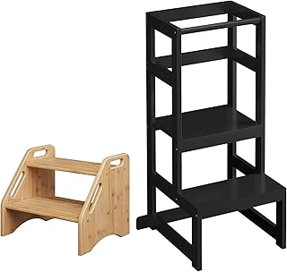 AMBIRD Wooden Step Stool, Two Step Stools Toddler with Safety Non-Slip Pads and Handles, Bamboo Step Stool for Bathroom, Bedroom, Kitchen Step Stools Dual Height Step Stools for Kids