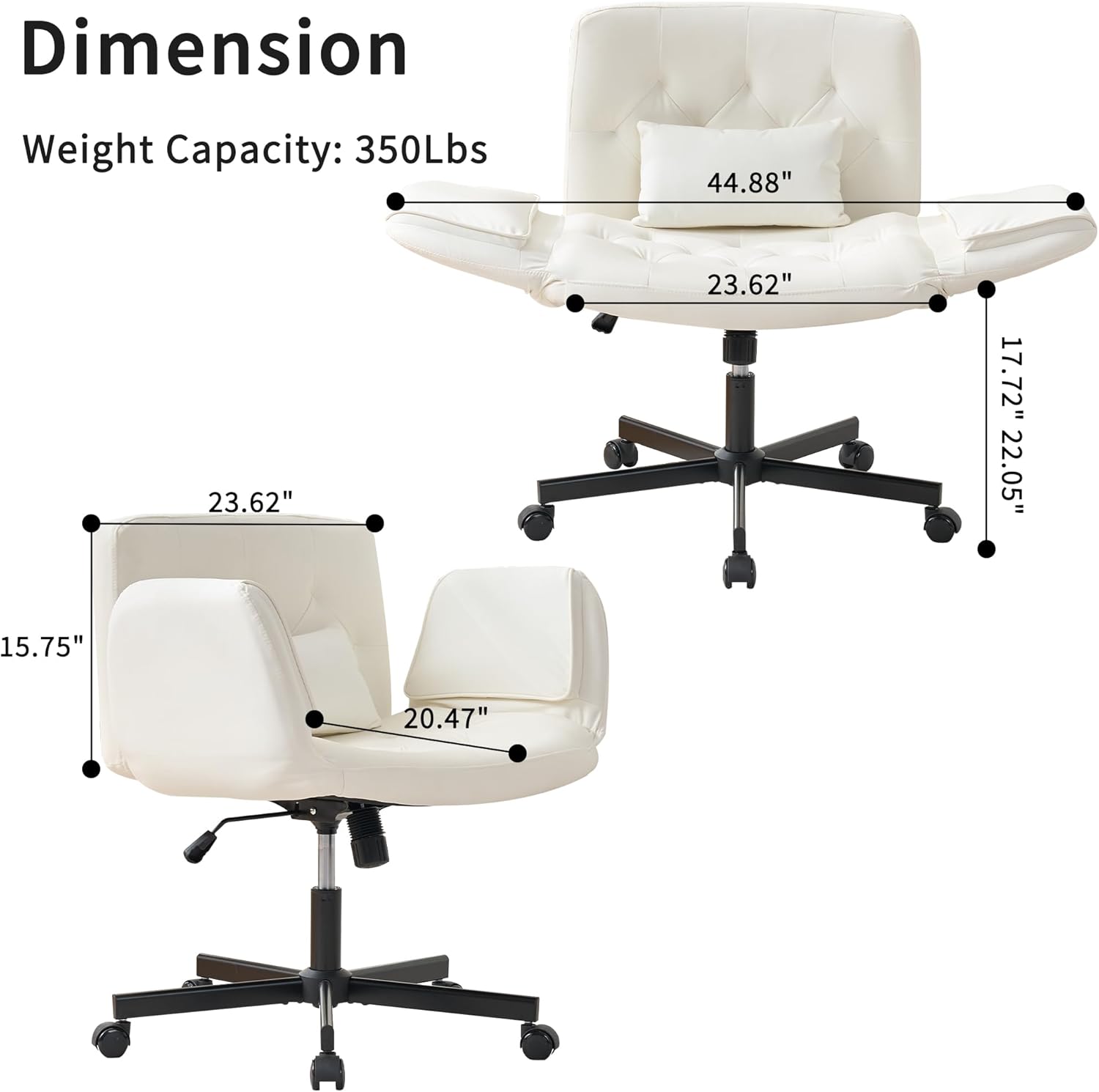 Criss Cross Chair with Reversible Armrests, Cross Legged Office Chairs with Wheels and Wide Seat PU Leather Home Desk Chair for Home, Make Up, Bed Room, White