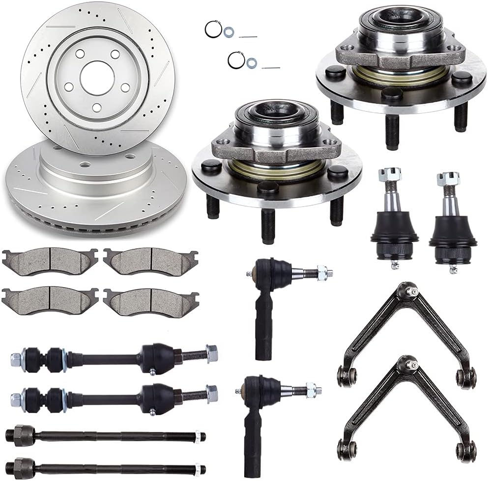 New 18PC Front Upper Control Arm with Ball Joint Lower Ball Joint Inner Outer Tie Rod End Sway Bar End Link Wheel Hub Brake Pad Rotor for 2002-2005 for Dodge Ram 1500