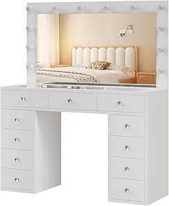 Vanity Desk with Power Outlet, 11 Drawers Makeup Vanity with Mirror and 12 LED Lights, 3 Lighting Modes, Glass Top Vanity