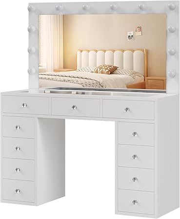 Vanity Desk with Power Outlet, 11 Drawers Makeup Vanity with Mirror and 12 LED Lights, 3 Lighting Modes, Glass Top Vanity