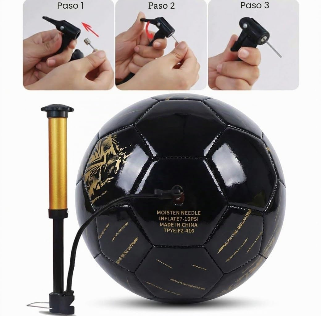 Balón de fútbol tamaño 5, piel sintética, para interiores y exteriores, para jóvenes y adultos, fútbol negro con estampado dorado