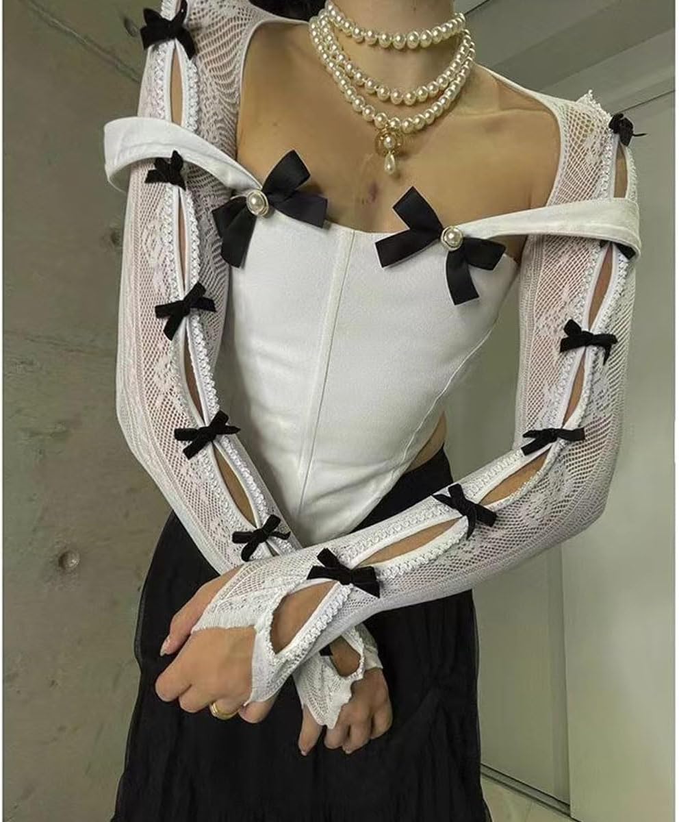 Women's Mesh Lace Shrug Crop Top Y2K Aesthetic Grunge Arm Sleeves Cardigan with Bow Going Out Shirts Summer - Image 7