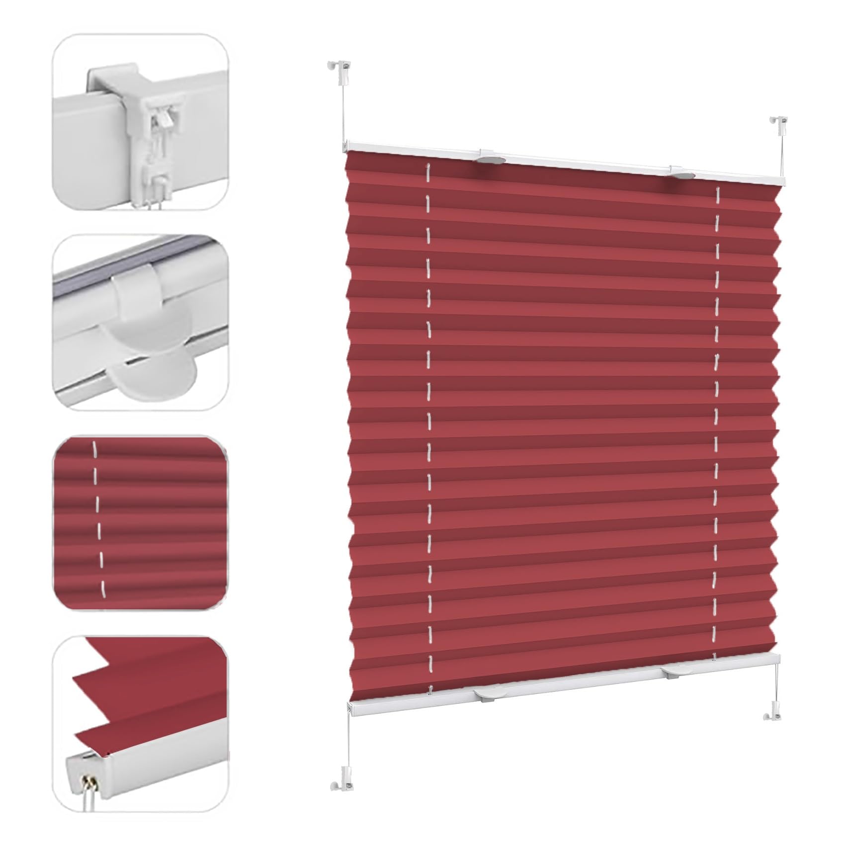 Store plissé sans perçage, 115 x 170 cm Protection visuelle pour fenêtre, Store Plissé Fenêtre, Klemmfix sans perçage, pour Fenêtres Et Portes, 红色