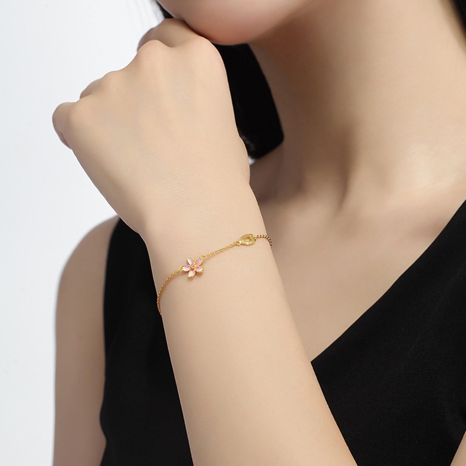 Bracciale da Donna in Oro 18k/14k/9k, Bracciale a Catena con Ciondolo a Fiore 16-18 cm Estensione 4 cm, Braccialetti da Sposa Matrimonio