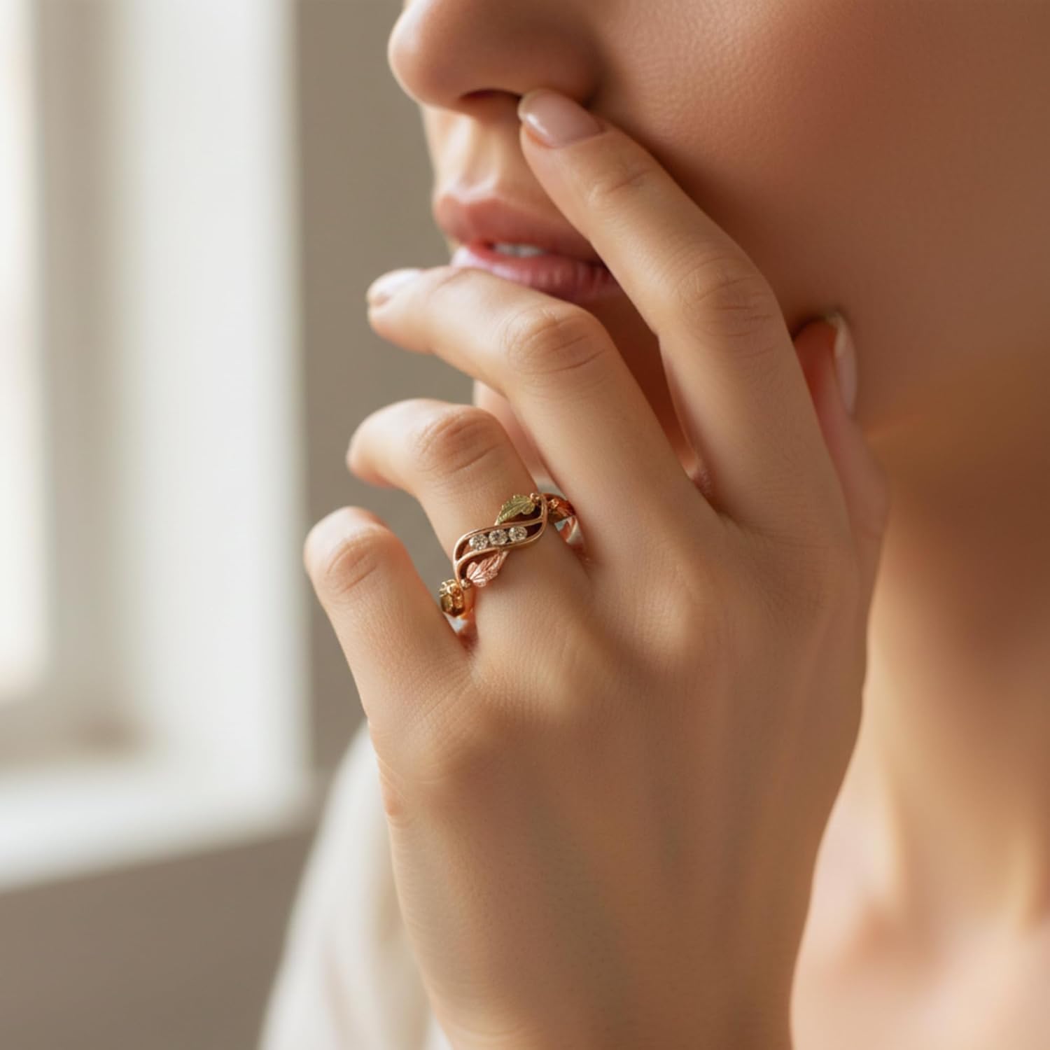 10k Yellow Gold 3-Stone Diamond Ring, 12k Rose and Green Black Hills Gold (.10 Ctw, Top Light Brown)