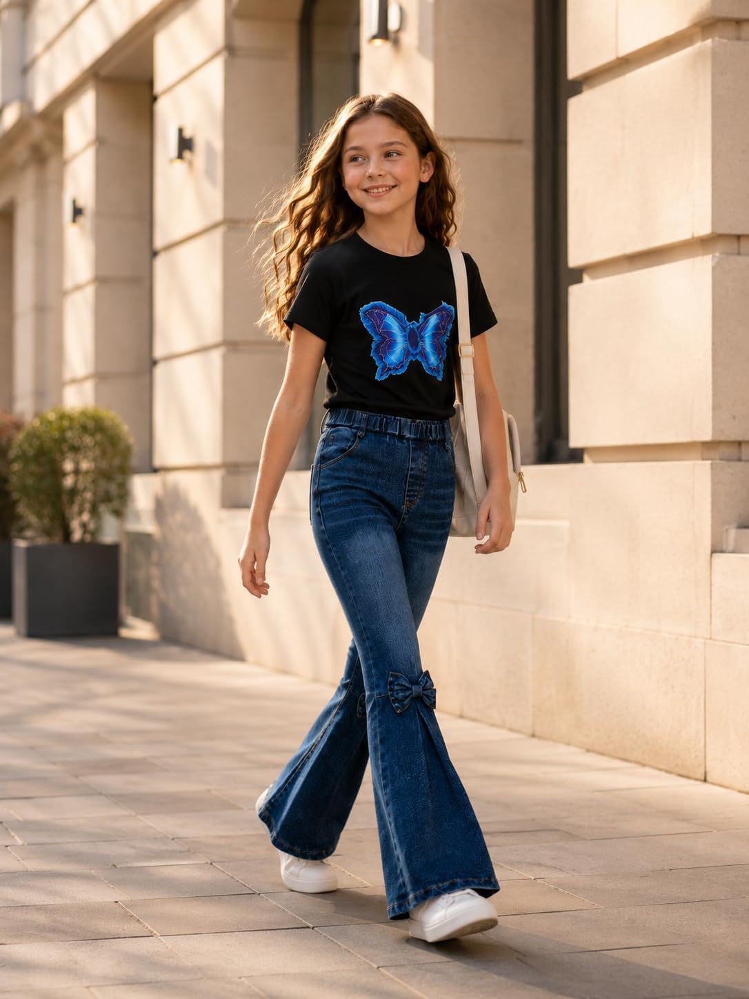 Tween Girls Clothes Short-Sleeve Top Bowknot Print & Flared Jeans for 2 Piece Summer Fall Outfits Teen 7-14Y