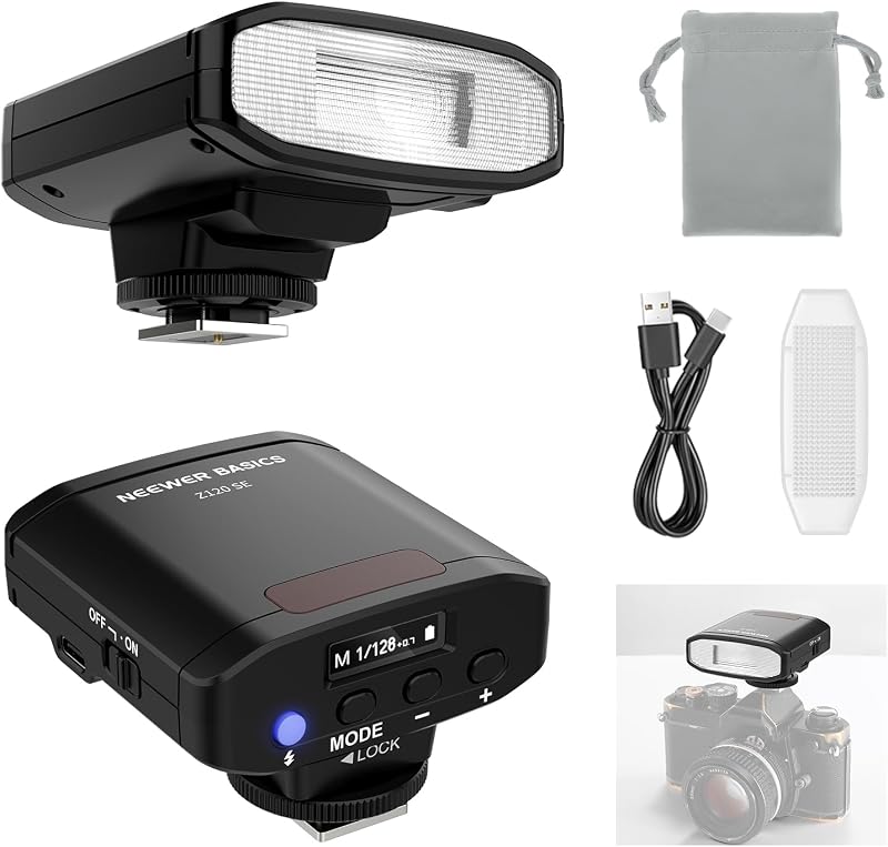 NEEWER Basics Z120 SE 5600K Mini Camera Flash Speedlite GN12, 2000mAh/500 Flashes/0.1-1.8s Recycle, Compatible with Canon Nikon Sony Fuji Olympus with Universal Single Contact Hot Shoe Mount, No TTL