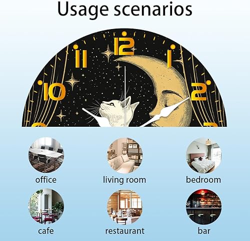 Miniatura 3 de CHGCRAFT Reloj de pared de gato de 12 pulgadas, con luna, cielo estrellado, funciona con pilas, silencioso, sin tictac, estilo retro, redondo,
