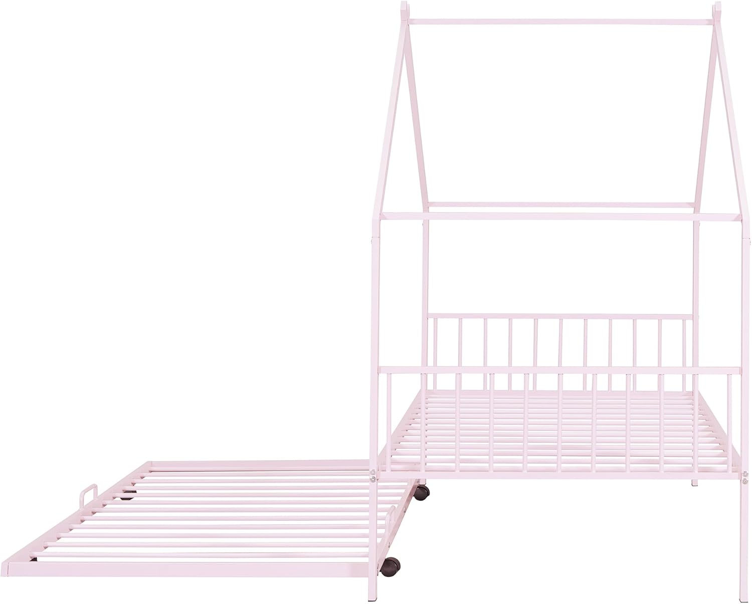 SOFTSEA Twin Size Metal House Bed with Twin Size Trundle, House Shaped Bed for Kids, Pink