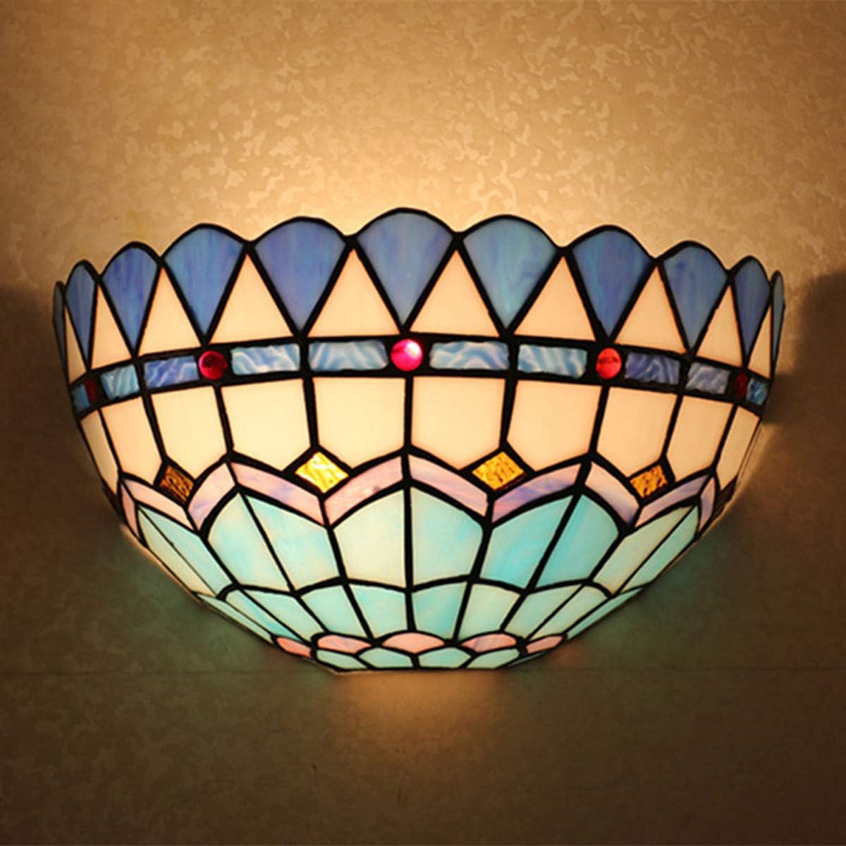 Tiffany-Style Wall Sconce Mediterranean Blue Stained Glass 1-Light Wall Lamp for Bedroom Bedside Corridor Balcony, 11.8 Inch