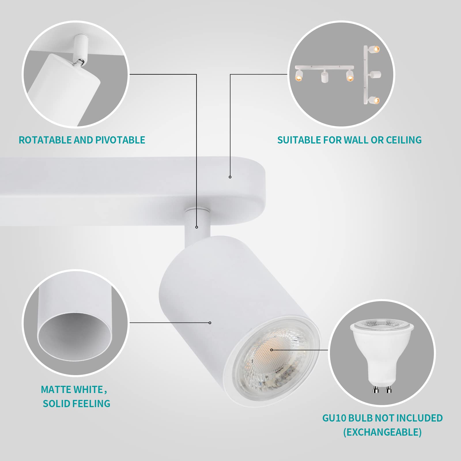 wowatt Faretti LED da Soffitto Orientabili Bianco, Lampada Plafoniera LED Parete 3 Luce GU10, Moderna Lampadario Faretto Led Soffitto Interno per Soggiorno Camera da Letto Cucina, Senza Lampadina
