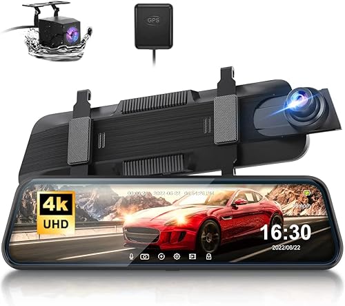 ThiEYE Cámara de tablero de espejo 4K con pantalla táctil de 10 pulgadas Carview 4 cámaras de tablero duales lente frontal y trasera visión súper