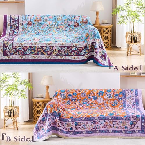 Image of XIBLC Fall Blanket for Bed, 100% Cotton Soft Rustic Boho Throw Blanket Quilt, 60 inchx80 inch Farmhouse Decor Bed Flower Blankets, Light Weight Reversible Bohemian Throw Quilt
