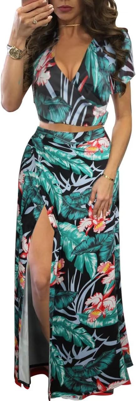 Womens Sexy 2 Piece Outfits Floral Print V Neck Crop Top and High Split Maxi Skirt Sets