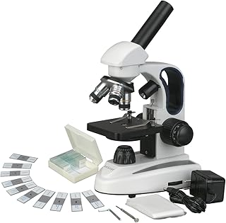 AmScope M158C-2L-PS25 Cordless Compound Monocular Microscope, WF10x and WF25x Eyepieces, 40x-1000x Magnification, Upper and Lower LED Illumination with Rheostat, Brightfield, Single-Lens Condenser, Coaxial Coarse and Fine Focus, Plain Stage, 110V or Battery-Powered, Includes Set of 25 Prepared Slides