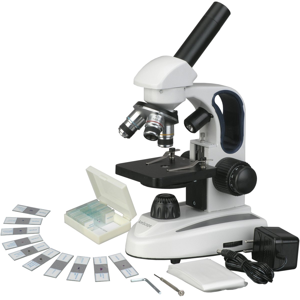AmScope Cordless Compound Monocular Microscope, 25 Prepared Slides