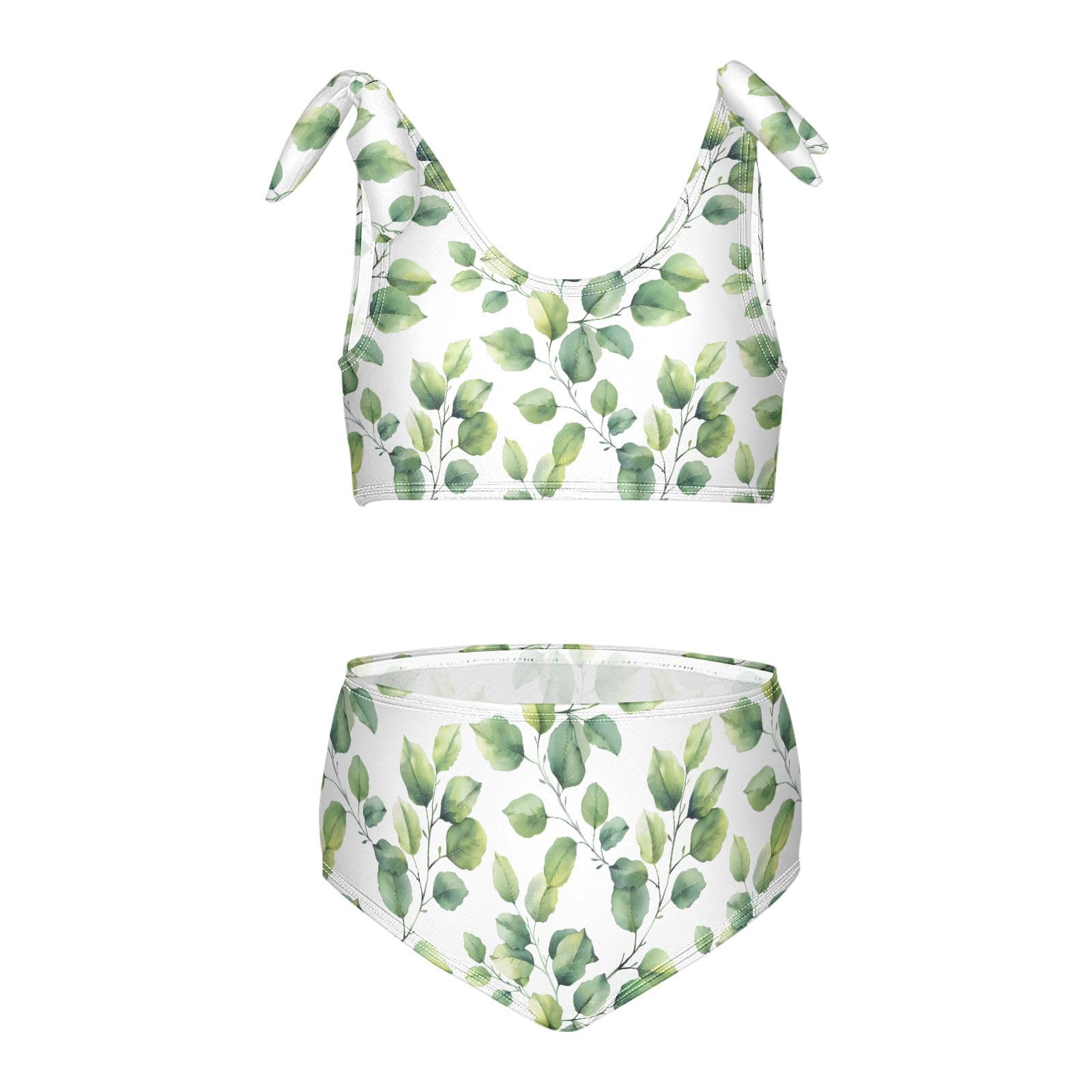 Flower Green Leaves Girls Tankini Swim Set, Two Piece Swimsuits Summer Bikini Swimwear Set for Girls, 4T