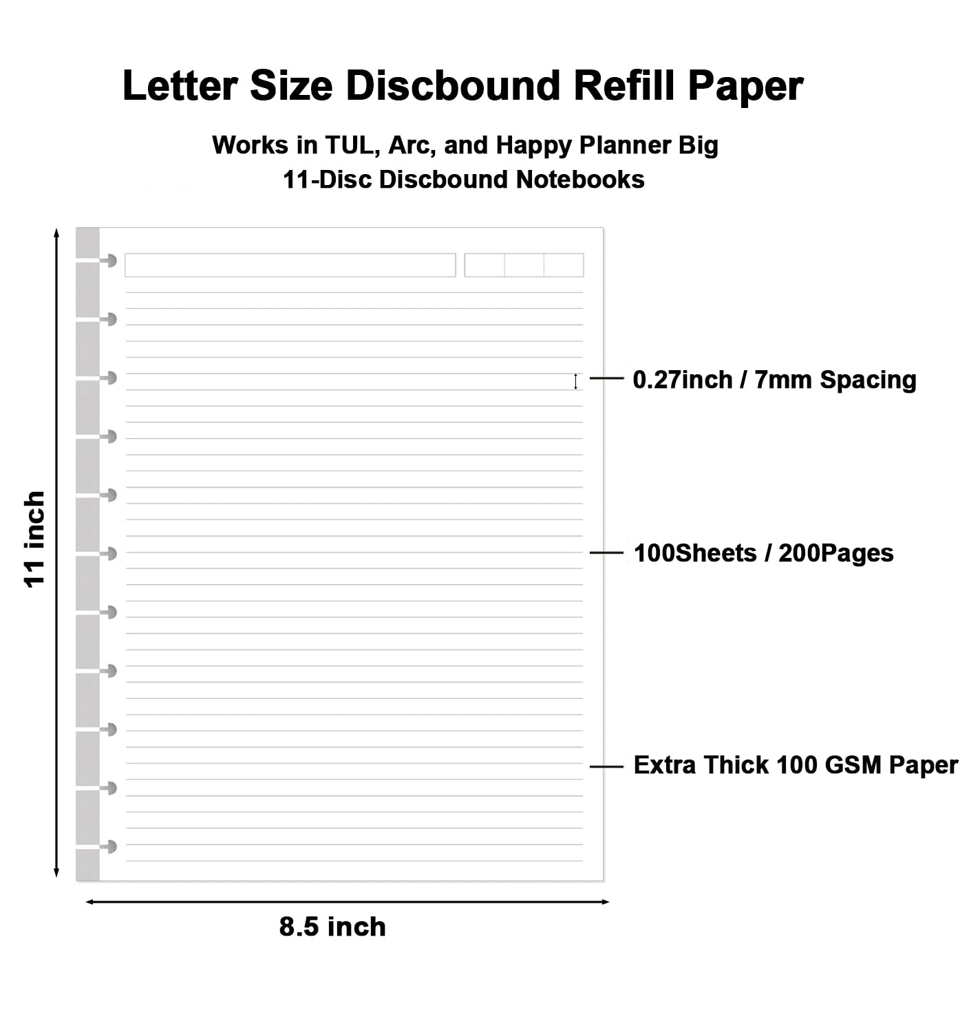 Papier uzupełniający A4 TUL w linie Discbound, 11 arkuszy papieru wypełniającego w linie z dziurkowanym otworem, papier do napełniania listów, 100 arkuszy / 200 stron, papier liściasty, papier 100