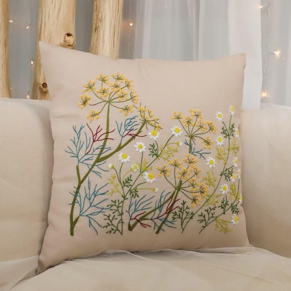 ATOLY Embroidery Kit with Daisy Pattern Pillowcase Cover, Instruction, Drawings, for Pillow Cover, Cushion Cover - 17×17 Inches