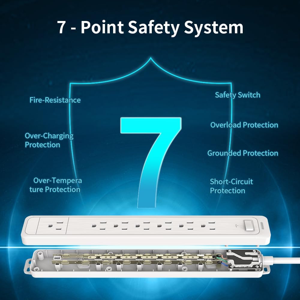 Surge Protector Power Strip, NTONPOWER Flat Plug Power Strip Long Cord, 15 ft Long Extension Cord, 7 Outlets Desktop Charging Station, 1080 Joule, 15 A Circuit Breaker for Home, Office White