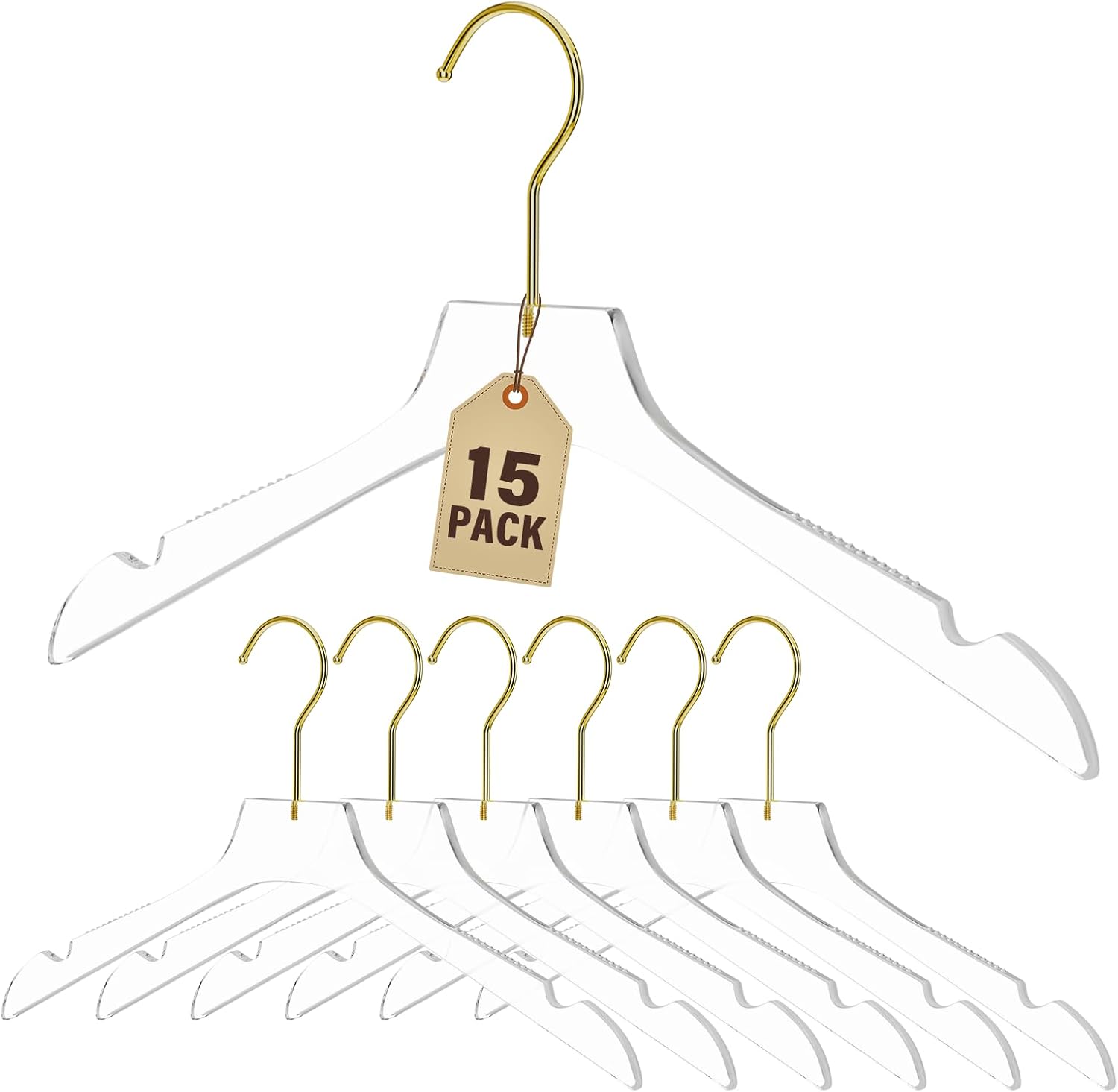 Acrylic Hangers 15 Pack, 15 Inch Premium Crystal Clear Hangers with Gold Hook, Notches, Non Slip & Heavy Duty, for Standard Size Dresses, Suits, Shirts, Coats