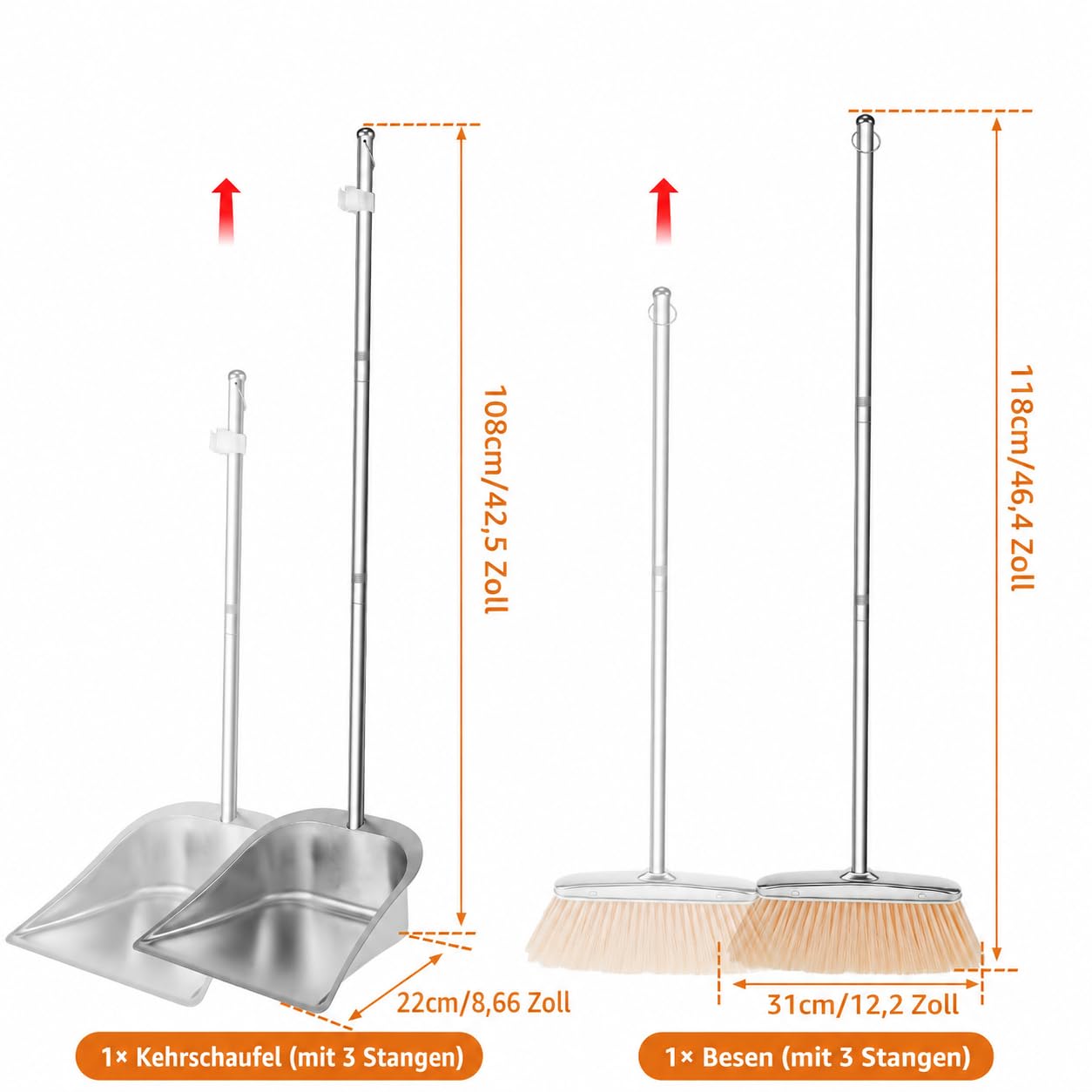 Besen und Kehrschaufel Set mit Langem Stiel 118cm Edelstahl Kehrmaschine und Kehrschaufel Außenbereich Aufrechter Schaufel und Besen Set für die Reinigung zu Hause Büro Veranda Terrasse (Quadrat)