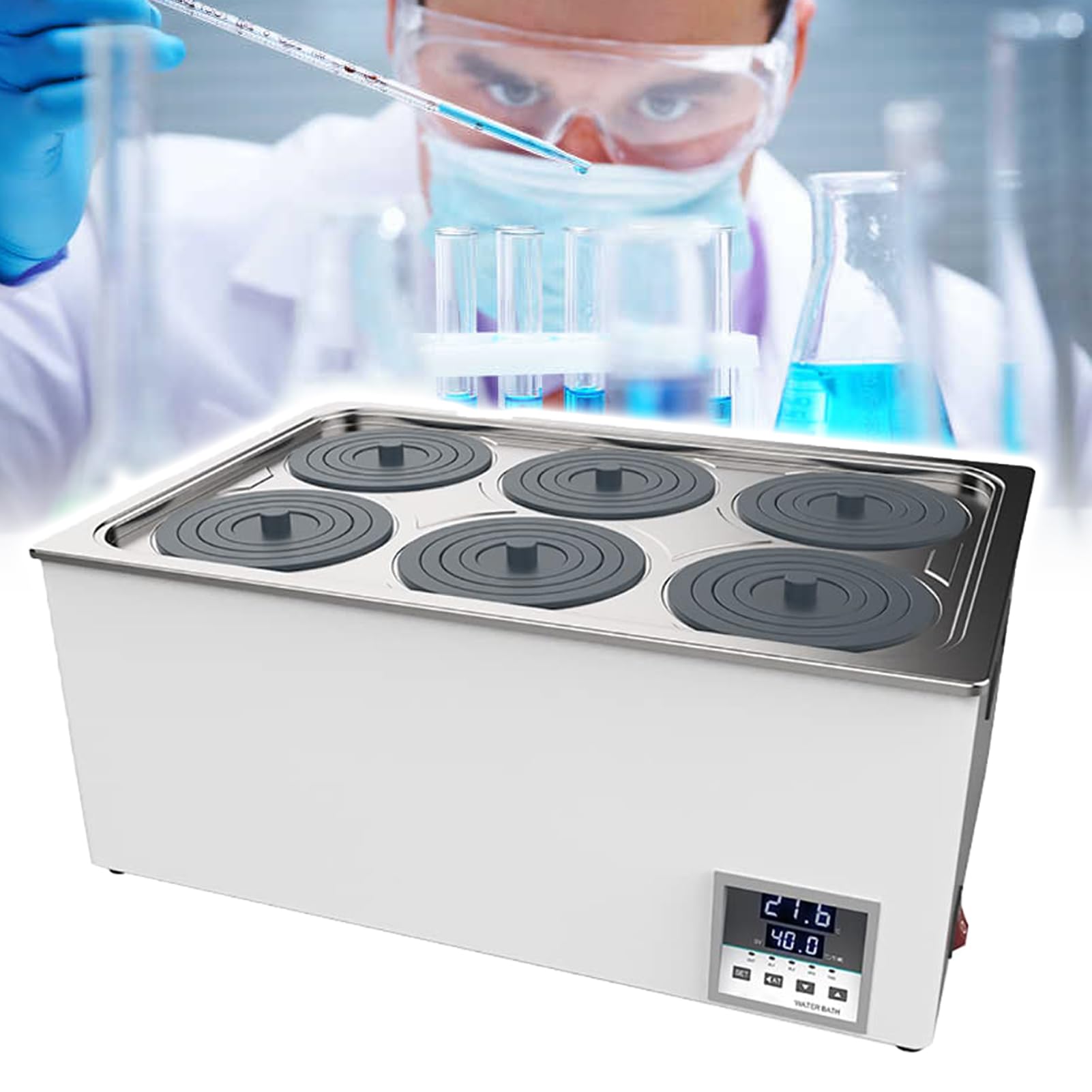 Baño María Digital Termostático para, Calentador de Agua para Laboratorio con Temporizador, Temperatura Ajustable y Función Antiquemado en Seco, para Uso en Laboratorio, Médico y Químico