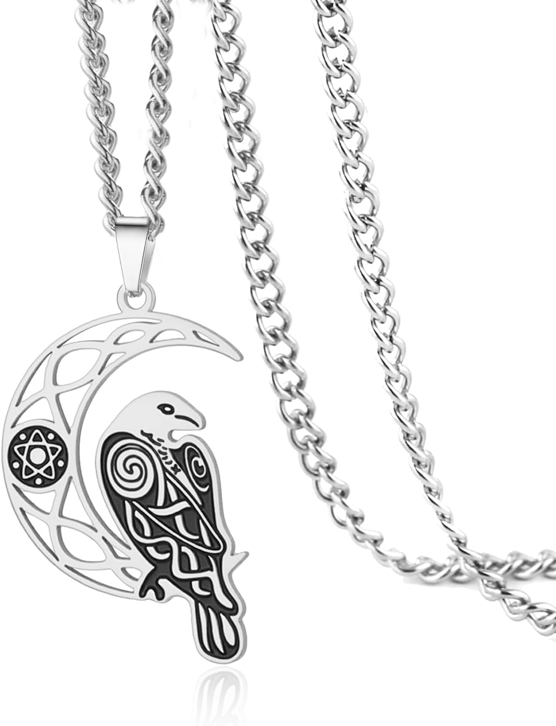 VASSAGO Viking Raven Necklace for Women Men Stainless Steel Crescent Moon Necklace Odin Raven Pendant Amulet Jewelry Gift