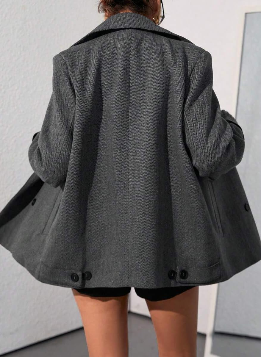 chouyatou Women's Winter Herringbone Cropped Wool Coat Double Breasted Casual Dressy Short Wool Blend Jacket