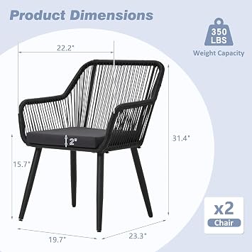 ECOTOUGE Set of 2 Outdoor Dining Chairs, Patio Wicker All-Weather Woven Rattan & Iron Chairs w/Cushions & Armrests, 350lb Capacity Modern Seating for Garden, Poolside, Balcony, Indoor Use, Black