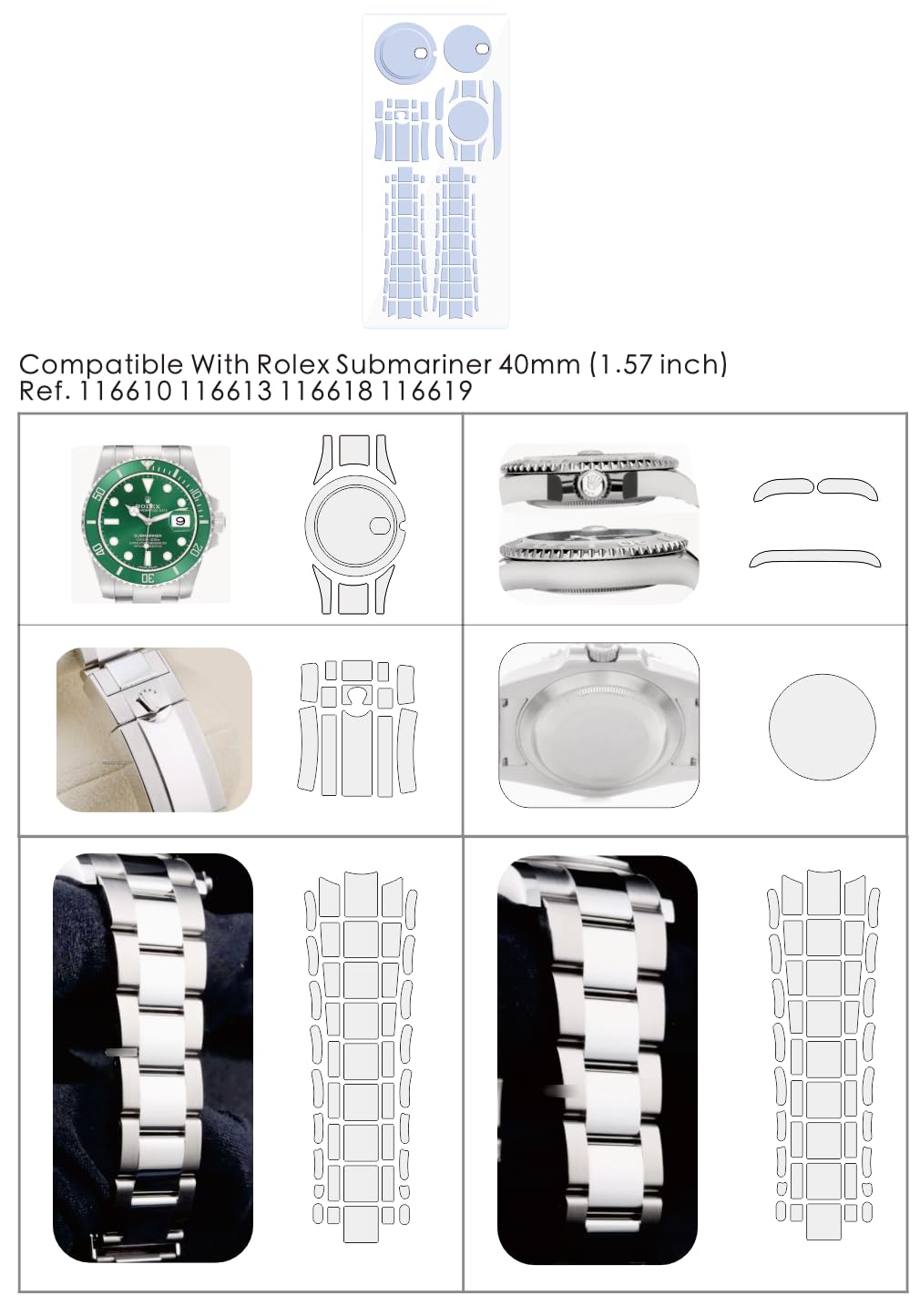 2Pack Pellicola Protettiva per Rolex Submariner 40mm 116610 116613 116618 116619 | Pelle trasparente, copertura completa, adesivo per la protezione dello schermo dell'orologio