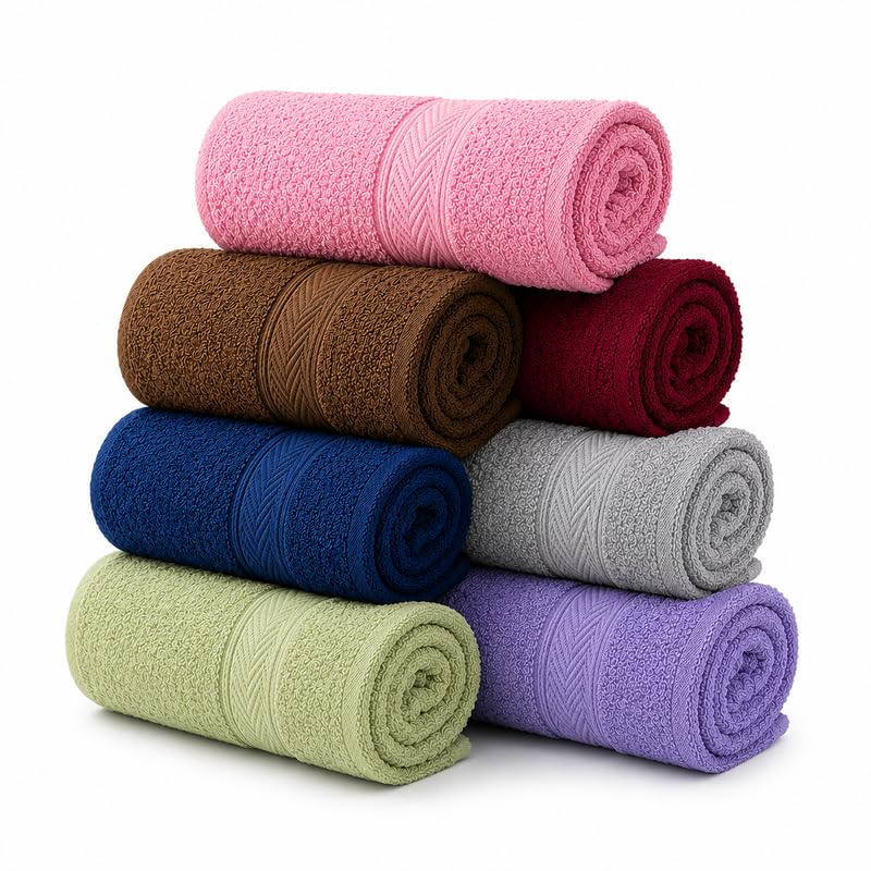 Image of TowelWala Hand Towel 550 GSM Soft Absorbent Quick Dry (Multi Pack of 7) | Premium 550 GSM cotton with woven border-quick drying and perfect for bathroom, kitchen, gym, and travel.