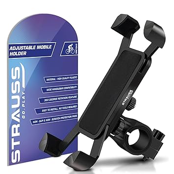 STRAUSS Bike Mobile Holder - 360° Rotation | Anti-Shake Cradle Clamp | Compatible with Smartphones | Bike Phone Mount for GPS & Maps (Black) - image, photos