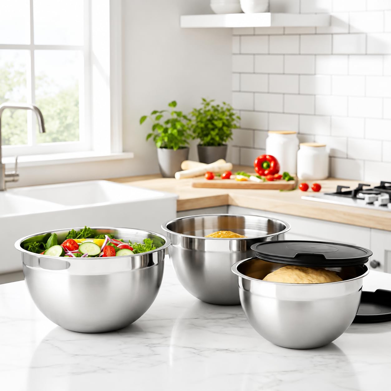 Conjunto 3 Bowls em Aço Inox com 3 Tamanhos Tigelas Multiuso para Misturar Preparar e
