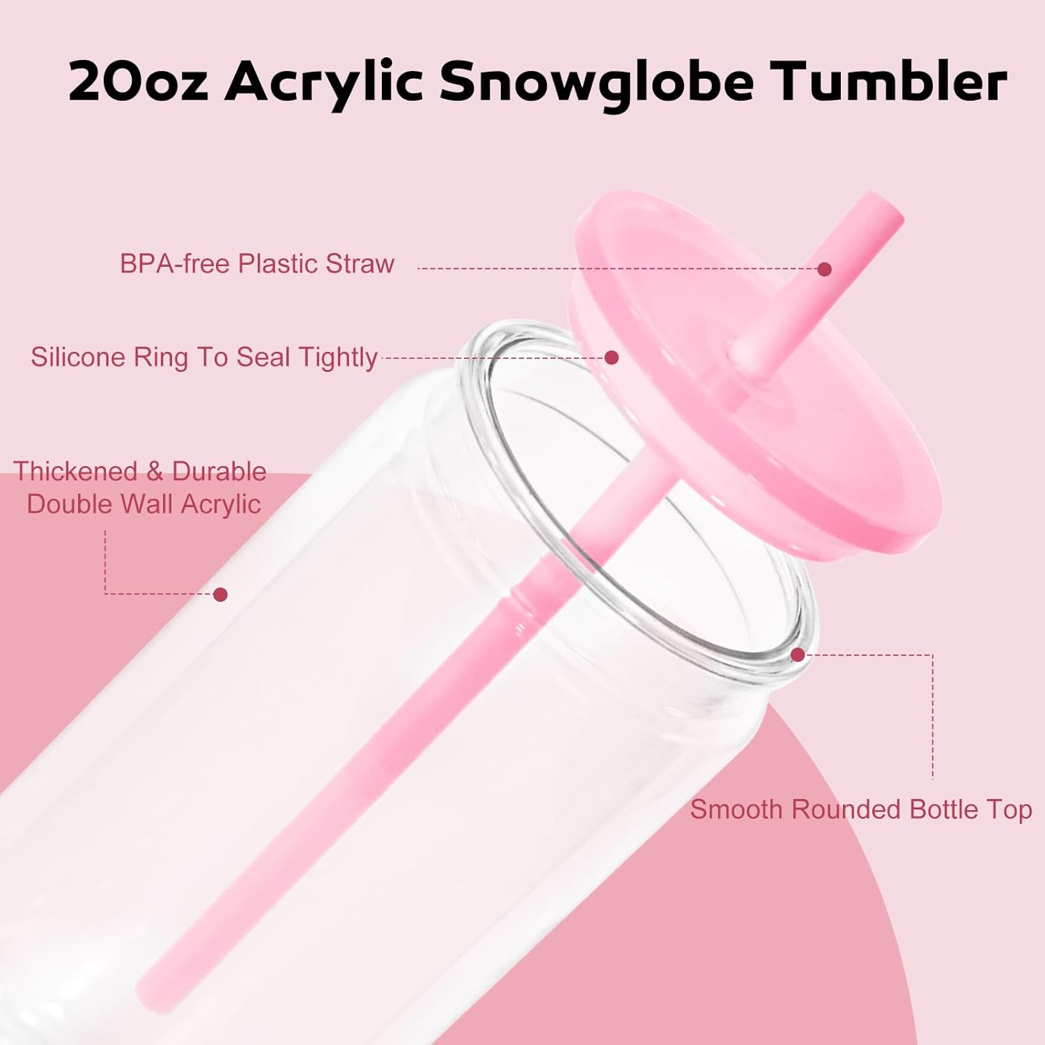 8 Pack Acrylic Snow Globe Tumbler, 20oz Snowglobe Cups with Pre Drilled Hole, Double Wall Plastic Cups Blanks with Colorful Lid and Plastic Straw, Glitter Snow Globe Cup for DIY Gift - Image 3