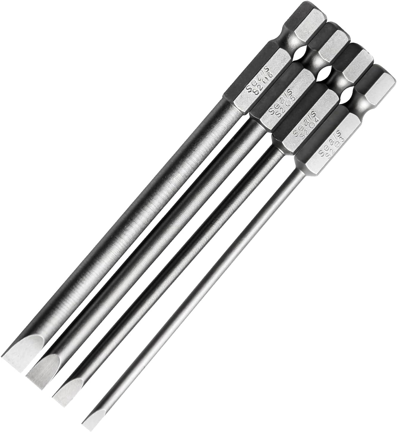 Toolcool 4 Pcs 4 Inch/100mm Flat Head Slotted Tip Screwdriver Bit Set 1/4 Inch Hex Shank Magnetic 3mm 4mm 5mm 6mm Bits