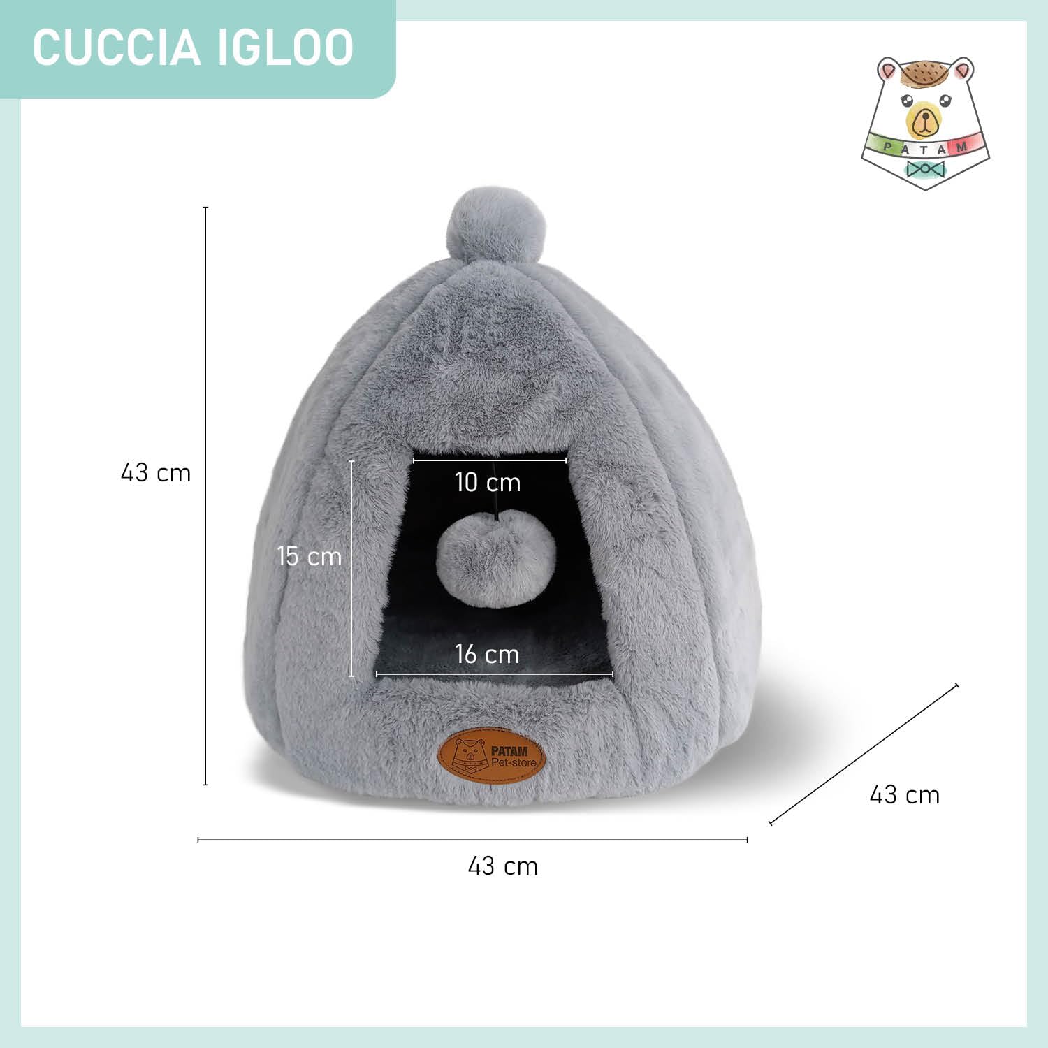 Domek dla psów i kotów, antypoślizgowy z miękkiej pluszowej tkaniny, zmywalny, namiot z zabawką w piłkę, 43 x 43 x 43 x 43 cm - Igloo Grey, 43x43x43cm