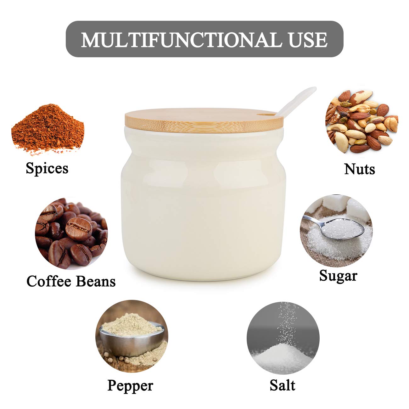 Chase Chic Sucrier avec couvercle et cuillère, pot à épices en céramique avec couvercle en bois et cuillère pour cuisine, pot à sucre 250 ml blanc