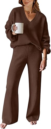ANRABESS Conjunto de dos piezas para mujer, suéter de manga larga, cuello en V, suéter de punto y pantalones de pierna ancha