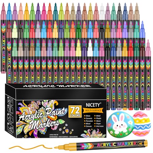 NICETY Feutre Acrylique Peinture stylo - 72 marqueur peinture acrylique Verre pour Bois, Toile, Verre, Céramique - Acrylic Paint Marker à base d'eau à 0,7 mm Extra Pointe Fine pour adultes